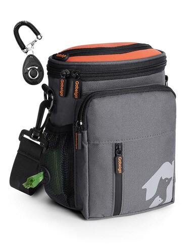 Gobeigo 8 Cup Dog Treat Pouch and Training Clicker, Dog Walking Bag with Phone Holder, Built-in Poop Bag Dispenser, 3 Ways Wearable Pet Fanny Pack for Outdoor Travel(Gray &amp; Orange)