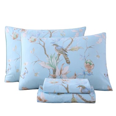 RYNGHIPY Egyptian Cotton Bed Sheet Set Blue Bird Botanical Pattern Bed Sheets Deep Pocket Fitted Sheet Tree Branches Print Bedding Soft Breathable (Light Blue,Full Size)