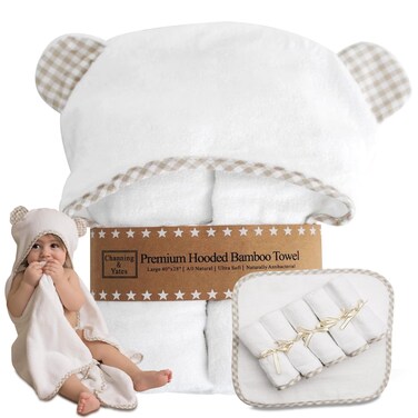 Channing &amp; Yates Premium Boutique Hooded Baby Towels and 6 Washcloth Set - Organic Viscose Made from Bamboo Baby Towel with Hood Gift Bundle (Beige Set)
