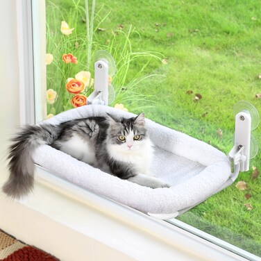 Zakkart Foldable Cat Hammock for Window - Cordless, Embeded Machine Washable Bed, Robust Metal Frame - Cat Window Perch for Large Cats and Kittens (White Bolster Bed, Medium)