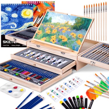 Art Set 85 Piece with Built-in Wooden Easel, 2 Drawing Pad, Art Supplies in Portable Wooden Case-Painting &amp; Drawing Set Professional Art Kit