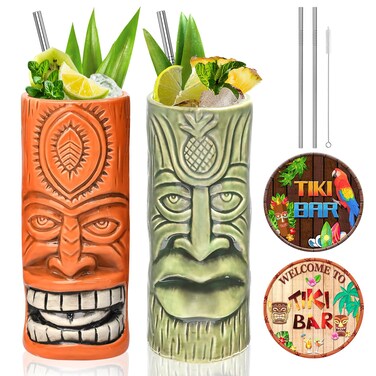 SuproBarware Tiki Mugs Set of 2 - Large Cocktail Tiki Glasses Hawaiian with Straws and Coasters, Party Cute Exotic Cocktail Glasses for Tiki Bar and Collection