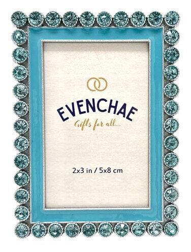 Evenchae Mini 2x3 Tabletop Picture Frame, Enameled with Blue Rhinestones, Holds 2 in x 3 in Photo