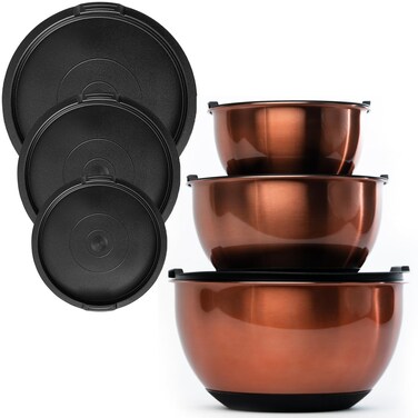 Samma Copper Mixing Bowls- Mixing Bowl Set with Stainless Steel Body- Copper with Black Silicone Bottom Mixing Bowl- Versatile Kitchen Mixing Bowls- 3 Piece Copper Mixing Bowls with Lids