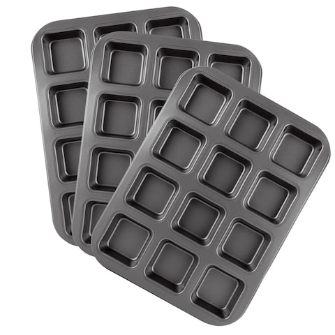 MUXHEL 3 Pcs 12-Cavity Brownie Pan with Dividers, 14&quot; &times; 10.5&quot; &times; 1.2&quot; Non-Stick All Edges Cupcake Pan, Black Carbon Steel Square Muffin Pan for Oven Baking