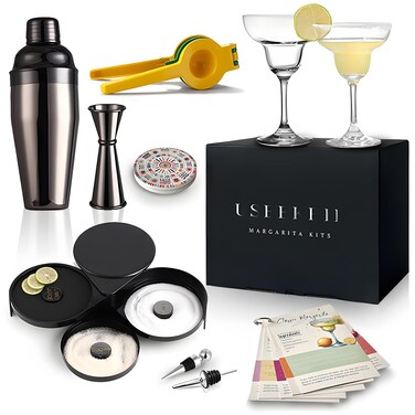 USEEKRIL Margarita Kit - Set of 2 Margarita Glasses (8.5oz), 3-Tier Salt Rimmer, Stainless Cocktail Shaker &amp; Jigger, Coasters，Cocktails Cards，Citrus Squeezer and More - Margarita Kit Gift Set