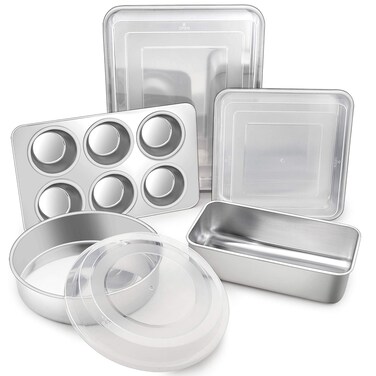 TeamFar Stainless Steel Bakeware Set of 8, Baking Roasting Pan Set with Lid, Lasagna Pan with lid, Square &amp; Round Cake Pan, Loaf Pan &amp; Muffin Pan, Healthy &amp; Sturdy, Dishwasher Safe &amp; Smooth