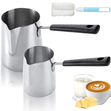 Dicunoy Set of 2 Milk Butter Warmer Pot, 12oz/22oz Turkish Coffee Pot, Stovetop Chocolate Melting Pan, Cezve Ibrik Briki Greek Arabic Coffee Maker for Maple Syrup, Sauce Heating, 18/8 Stainless Steel
