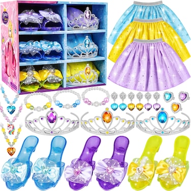 Princess Jewelry Boutique Dress Up &amp; Elegant Shoe, Role Play Fashion Accessories of Crowns, Skirts, Necklaces, Bracelets, Rings, Gift Toys for Age 3 4 5 6 Year Old Girls Kids Toddlers Party Favors