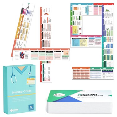 49 Horizontal Nursing Badge Reference Cards, Nursing School Essentials Set, Bonus Cheat Sheets - Lab Values, EKG, Vitals, Etc for Nurse, LPN, Or Students