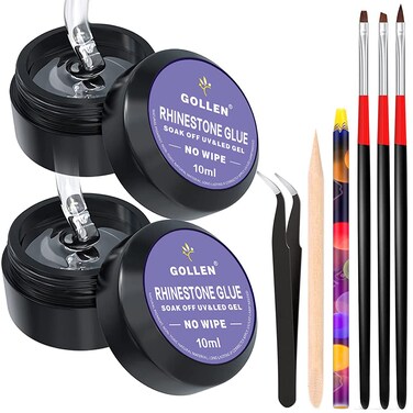 Rhinestones Glue for Nails, 10ml x2 Nail Glue for Stones and Gems Long Lasting Adhesive Super Strong Jewlery Nail Art Glue 3Pcs Nail Brushes, Wax Pencils, Stick&amp; Picking Tweezers (UV/LED Cure Needed)