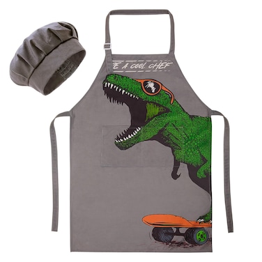 MHJY Kids Apron and Chef Hat for Boys Dinosaur Child Aprons with Pockets,Adjustable Apron for Cooking Baking Painting 3-12 Years
