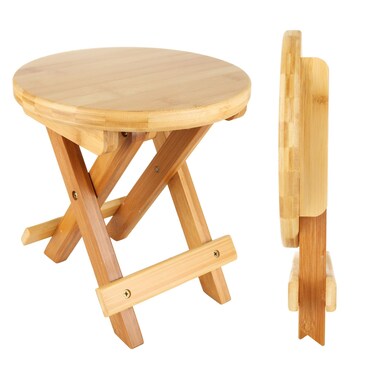 WOPPLXY Bamboo Folding Step Stool - 9 Inch High Bamboo Shower Bench Stool, Natural Bamboo Folding Stool, Folding Bamboo Shower Seat for Shower, Leg Shaving and Foot Rest, Fully Assembled (Round)