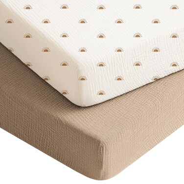 Konssy Muslin Crib Sheets for Boys Girls, Soft Cotton Neutral Baby Crib Sheets for Standard Crib Mattress (52"x28"), Breathable Baby Mattress Sheets 2 Pack (Camel, Sun)
