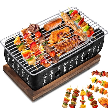 Japanese Style Grill Portable Japanese Barbecue Grill Aluminum Alloy Hibachi Grill Charcoal Stove Yakitori Grill Household Charcoal Grill with Wire Mesh Wooden Base