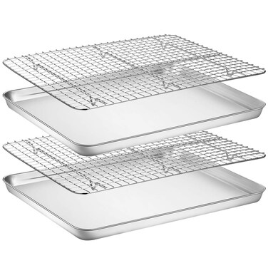Baking Sheet with Rack Set [2 Pans + 2 Racks], Wildone Stainless Steel Cookie Sheet Baking Pan Tray with Cooling Rack, Size 18 x 13 x 1 Inch, Non Toxic &amp; Heavy Duty &amp; Easy Clean