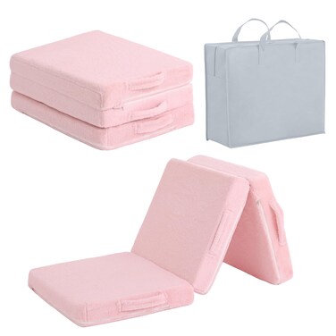 Tiita Toddler Foldable Floor Mattress, Small Floor Nap Mat for Sleeping Daycare, Kids Trifold Chair Futon Mattress, Portable Baby Tri Folding Mattress for Girls and Boys, Plush Pink