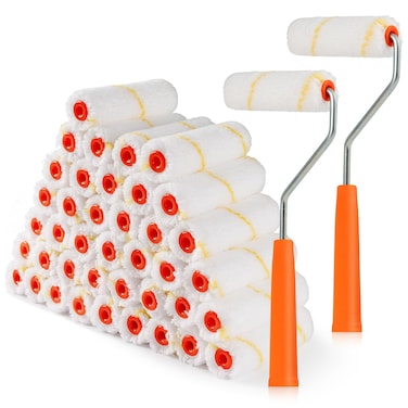 HANJKINZ Microfiber Paint Roller 4 Inch, Mini Paint Roller Covers (3/8 Inch Nap, 40 Pack), Small Paint Rollers for House Painting with Paint Roller Frame, Wall Painting Tool