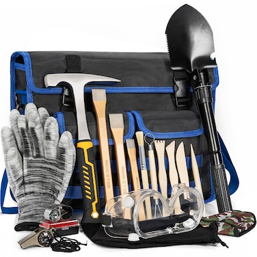 LASUK 17PCS Geology Rock Pick Hammer Kit, Gold Mining &amp; Prospecting Equipment Tool, including 32oz Hammer &amp; 3 PCS Digging Chisels Set, Shovel, Wooden Chisel, magnifying glass, Whistle, goggles