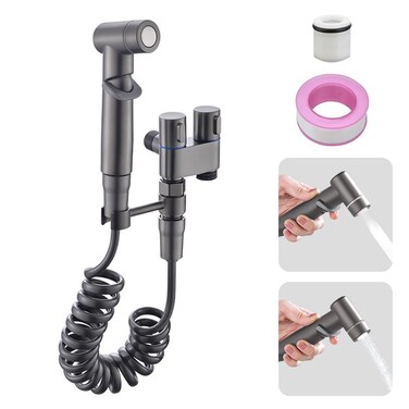 Handheld Bidet Sprayer for Toilet, 1-In-2-Out Dual Control Valve Bidet Attachment, Adjustable Water Pressure Control Hand Sprayer Kit for Feminine Wash, Pet, Cloth (Grey)