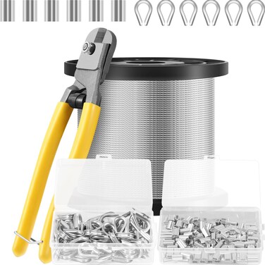 Tudomro 227 Pcs 304 Stainless Steel 1/16 Cable Wire Rope with Loop Sleeve, Wire Rope Thimble and Wire Cutter, 7x7 Strand Core Metal Wire for Outdoor String Lights Hanging Kit, Garden Wire (246 ft)