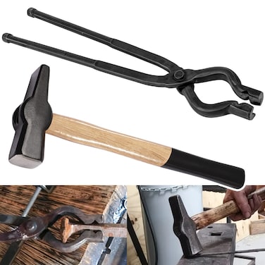 Blacksmith Tongs and Hammer Tool Set 17&acirc;&euro; V-Bit Bolt Tongs and 1KG (2.2LB) Blacksmith Hammer Essential for Blacksmith Bladesmith Knifemaking Tools Set