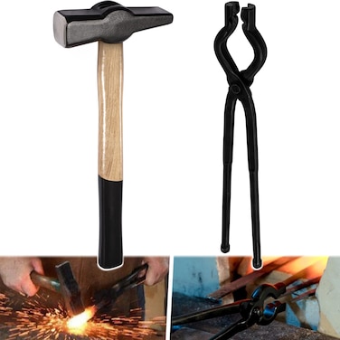 17 Inch V-Bit Bolt Blacksmith Tongs and Blacksmiths&acirc;&euro;&trade; Hammer 0000811-1500 Perfect for Assembled Bladesmith Blacksmith Forge Tong Tools Set Vise Tools Anvil Hammer (2-Pieces)
