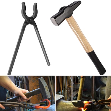 0004930-300 Blacksmiths' Tongs &amp; 0000811-1000 Handmade Blacksmiths&acirc;&euro;&trade; Hammer Assembled Bladesmith Tool Set for Beginner or Professional Blacksmith Making Farrier, Knife and Tool on Forging Anvil
