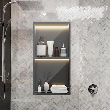 Vercraft 24 x 12 Inch LED Light Shower Niche Matte Black Stainless Steel Niche No Tile Needed with Light Double Layer Recessed Wall Niche Insert Shower Niche Shower for Bathroom Storage