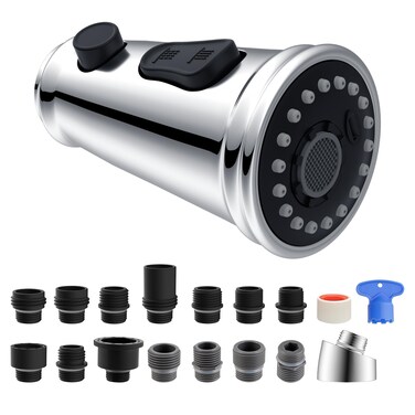 Hibbent Pull Down Kitchen Faucet Head Replacement, 3-Function Kitchen Sink Faucet Head Sprayer Head Nozzle with 15 Adapters, Compatible with Moen, American Standard, Delta, Kohler Faucets-Chrome