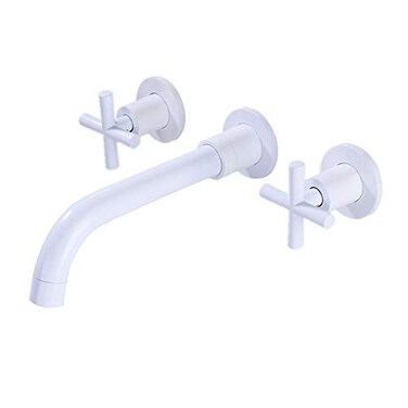 White Bathroom Faucet Wall Mounted Two Handle Wall Mount Bathroom Sink Faucet Lavatory Basin Mixing Faucets with Rough in Valve Included 360 Degree Swivel Spout