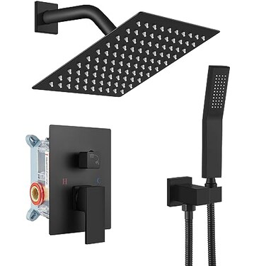 gotonovo Rainfall Bathroom Shower System Rain Shower Head and Handle Set Wall Mounted Shower Complete Combo Solid Brass Pressure Balancing Shower Mixer Valve 8 Inch Matte Black