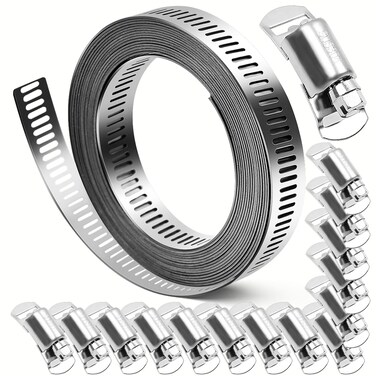 SMLCON 304 Stainless Steel Hose Clamps - For DIY,Cut-To-Fit 19.5 FT Metal Strap + 15 Stronger Fasteners Assortment Kit Large Adjustable Worm Gear Band Screw Clamps Duct Pipe Metal Clamp Strapping