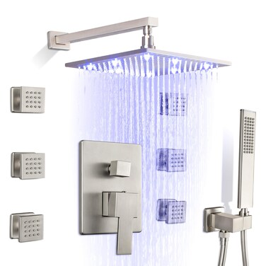SKOWLL Rainfall Shower Head Set Wall Mount 6 Body Jets Rain Shower Kit LED 12 Inch Shower Faucet System with 3 Function cUPC Shower Valve, Brushed Nickel
