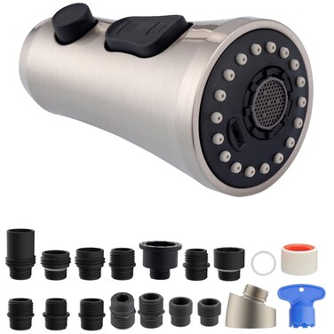Hibbent Pull Down Kitchen Faucet Head Replacement, 3-Function Kitchen Sink Spray Nozzle with 15 Adapters, Compatible with Moen, American Standard, Delta, Kohler Faucets, Brushed Nickel