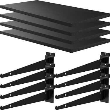 BeapTcely 4 Pack Large Wooden Slatwall Shelf, 24 x 12 Inch Slatwall Shelves with Metal Brackets Heavy Duty Slat Wall Shelving Accessories for Garage Home (4, 23.6" D x 11.8" W x 0.8" H)