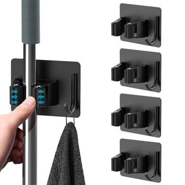 HOMEASY Mop Broom Holder No Drill, Mop Broom Organizer Wall Mounted Heavy Duty with Hooks Hanger, Self Adhesive Stainless Steel 4Pcs for Bathroom, Kitchen, Office (Black)