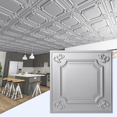 Art3d Drop Ceiling Tiles 24x24 in Argent Silver (12-Pack, 48 Sq.ft), Wainscoting Panels Glue Up 2x2