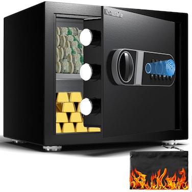 Biometric Safe, Fingerprint Home Safe Box with Fireproof Waterproof Bag &amp; Key, 0.8 Cu ft Security Money Safe for Cash, Jewelry, Valuables, Digital Electronic Keypad, Dual Alarm System, Cabinet Safe