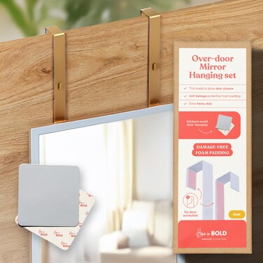 Over-The-Door Mirror Hanger   Adjustable 14.5-inch Door Mirror Hanger Set w Protective Lining   Over the Door Mirror Hooks Perfect Height &amp; Fit- 2 Mirror Brackets Set 1.5'' Door Depth (Gold)