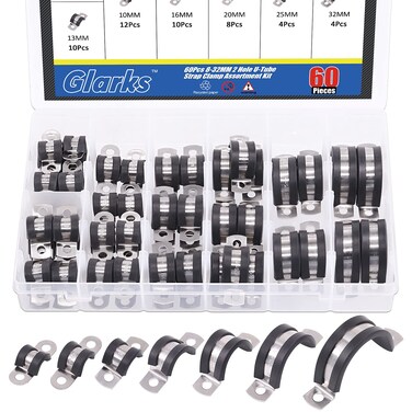 Glarks 60Pcs 8-32MM 2 Hole U-Tube Strap Clamp Set 304 Stainless Steel Rubber Cushion Rigid Pipe Strap U Bracket Tube Strap Assortment Kit For Pipe Tube Fixing (8-32mm Strap Clamp Set)