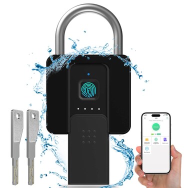 Fingerprint Padlock with Key Backup, Anweller Weatherproof Biometric Bluetooth App Controlled Keyless Smart Electronic Combination Lock for Outdoor Fence Gate Pool Shed Gym Locker Yard Truck