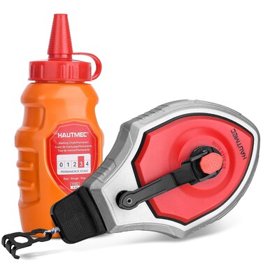HAUTMEC Pro Aluminum Alloy Chalk Reel 30M/100ft Kit with Red Chalk&iuml;&frac14;&OElig;6:1 Ratio Gear Speed, Strong Chalk Line for Carpenters &amp; Builders, HT0358
