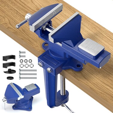 Shangyoyi 2-in-1 Bench Vise For Workbench 3.2&quot;- Multi-functional Portable 360&Acirc;&deg; Swivel Base Clamp On Vice/Table Vise For Woodworking, Cutting Conduit, Drilling, Metalworking, Blue