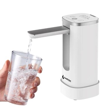GentleJet Automatic Water Dispenser Pump for 5 Gallon Bottle - Digital Display, Type-C USB Charging, Portable Electric Water Pump, Foldable Spout (White - Silver- Desk Stand)