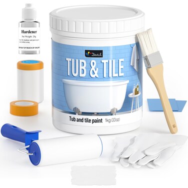 DWIL Tub Paint, Tub and Tile Refinishing Kit 35oz with Tools, Tub Refinishing Kit White Bathtub Paint Water Based &amp;Low Odor, Easy to Use Sink Paint for Bathroom Kitchen, Semi-Gloss White, 50-55sq.ft