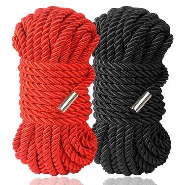 BAVIHOR Silk Rope, 32 Feet 8 mm Soft Rope Durable Multipurpose Long Satin Braided Twisted Rope (Red, Black)