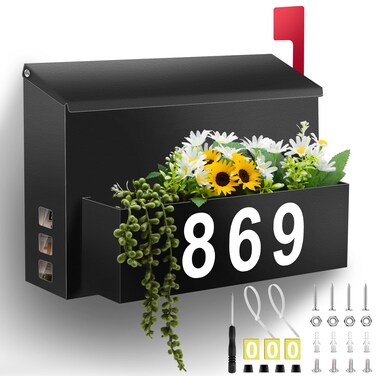 Wall-Mount Mailbox with Flag, Large Capacity Mailboxes for Outside House with Planter &amp; 3 Sets of 0-9 Mailbox Number Stickers, Galvanized Steel Rust-Proof Post Box Metal Mail Box, 13.8"W*9.8"H*3.9"D