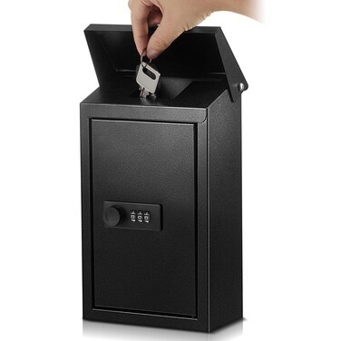 Yaocom Locking Mail Boxes with Combination Lock Outdoor Wall Mount Mailbox Metal Secured Mail Drop with Cover Lockable Mailbox for Outside Hanging Postbox Collection Box, 10 x 5.5 x 3 Inches, Black