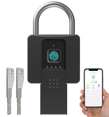 Fingerprint Padlock with Key Backup, Anweller Weatherproof Biometric Bluetooth App Controlled Keyless Smart Electronic Combination Lock for Outdoor Fence Gate Pool Shed Gym Locker Yard Truck